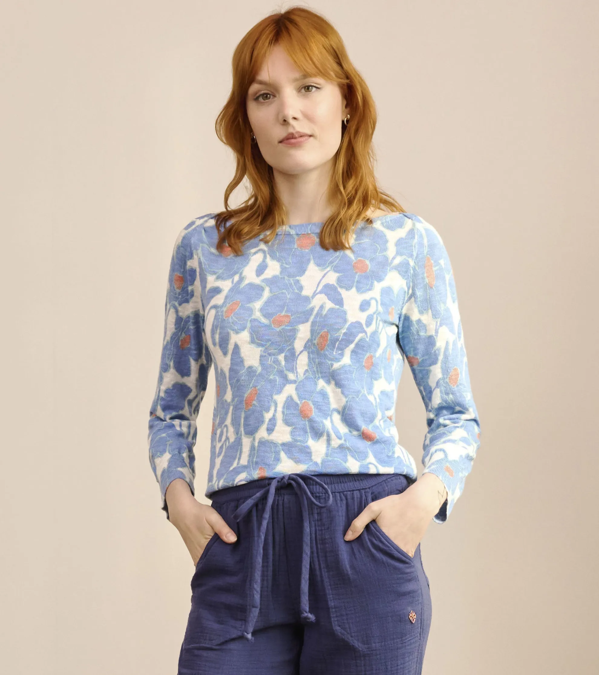 Online 3/4 Sleeve Knit Breton - Textured Poppies Women Sweaters