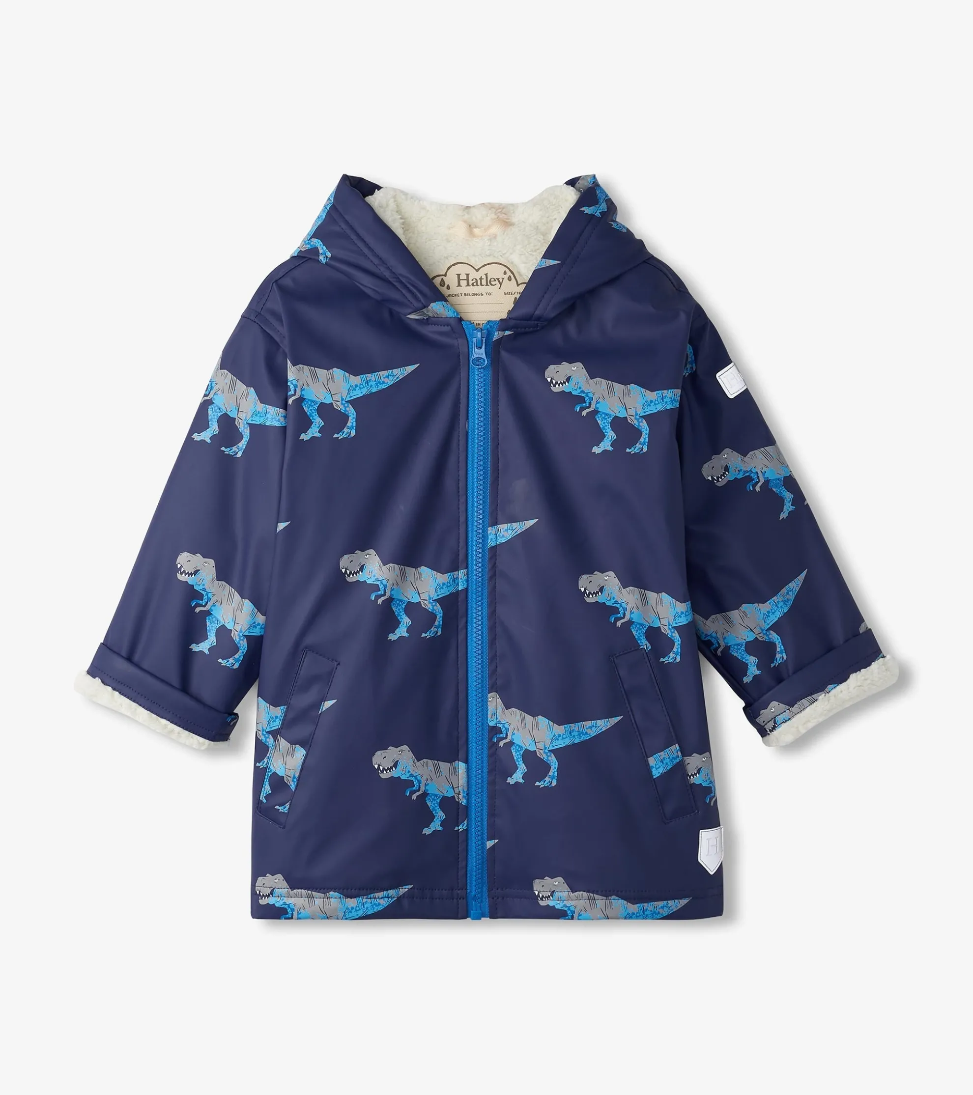 Boys T-Rex Attack Sherpa Lined Zip-Up Rain Jacket BOY Rainwear|Rainwear