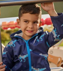Boys T-Rex Attack Sherpa Lined Zip-Up Rain Jacket BOY Rainwear|Rainwear
