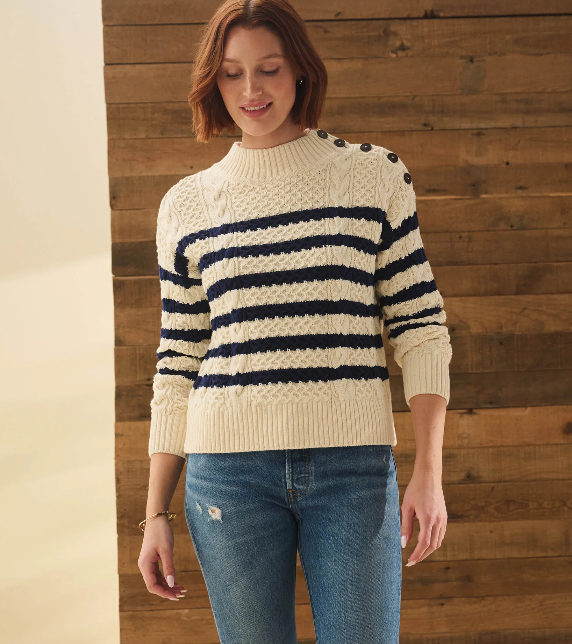 Clearance Button Neck Sweater - French Stripe Women Sweaters