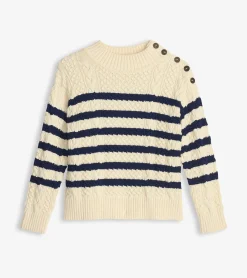 Clearance Button Neck Sweater - French Stripe Women Sweaters