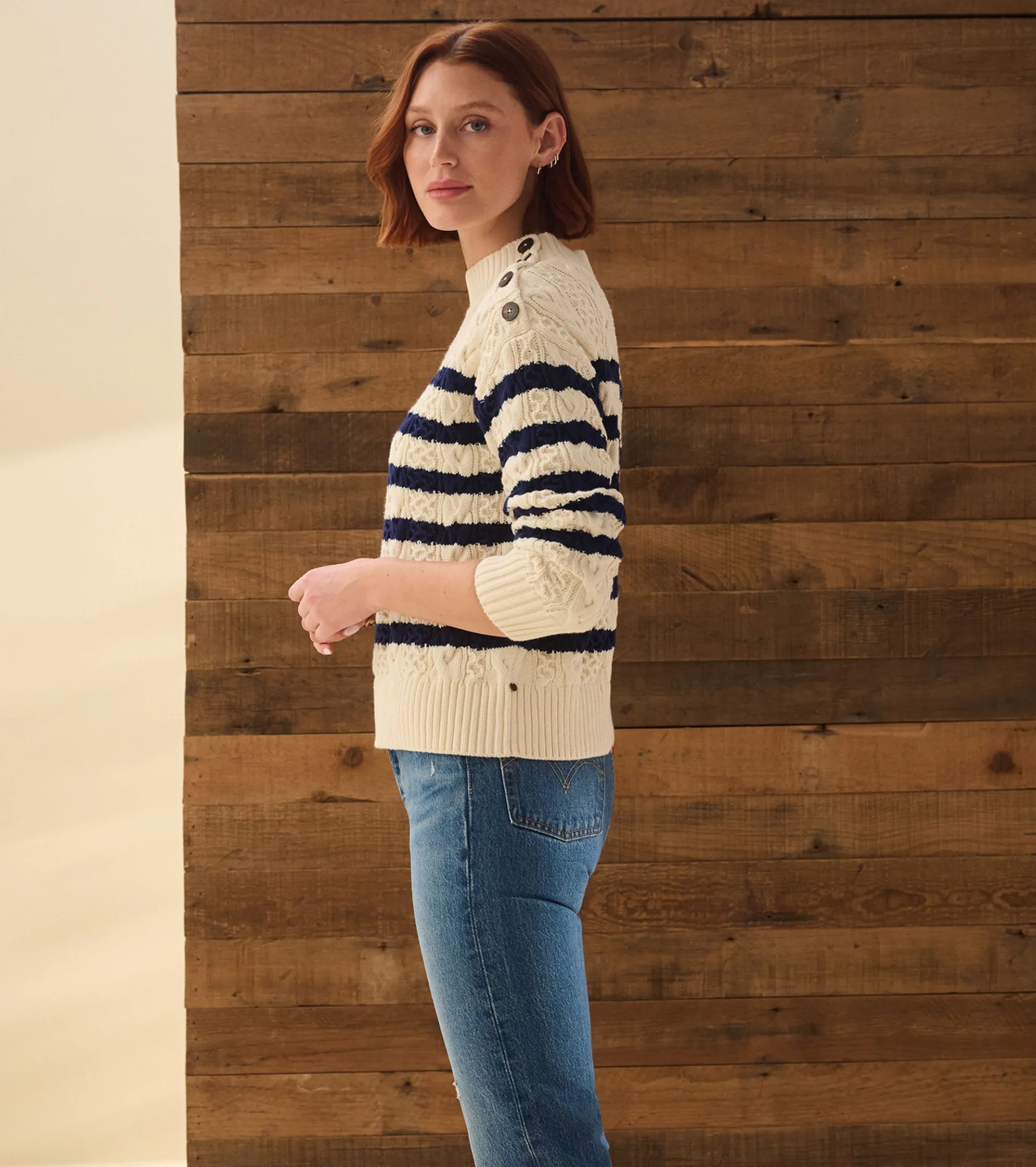 Clearance Button Neck Sweater - French Stripe Women Sweaters