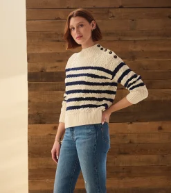 Clearance Button Neck Sweater - French Stripe Women Sweaters