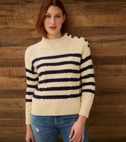 Clearance Button Neck Sweater - French Stripe Women Sweaters