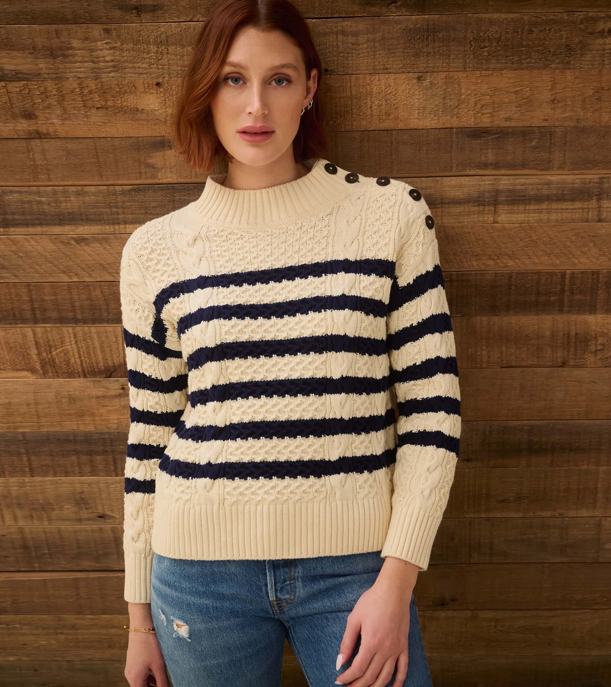 Clearance Button Neck Sweater - French Stripe Women Sweaters