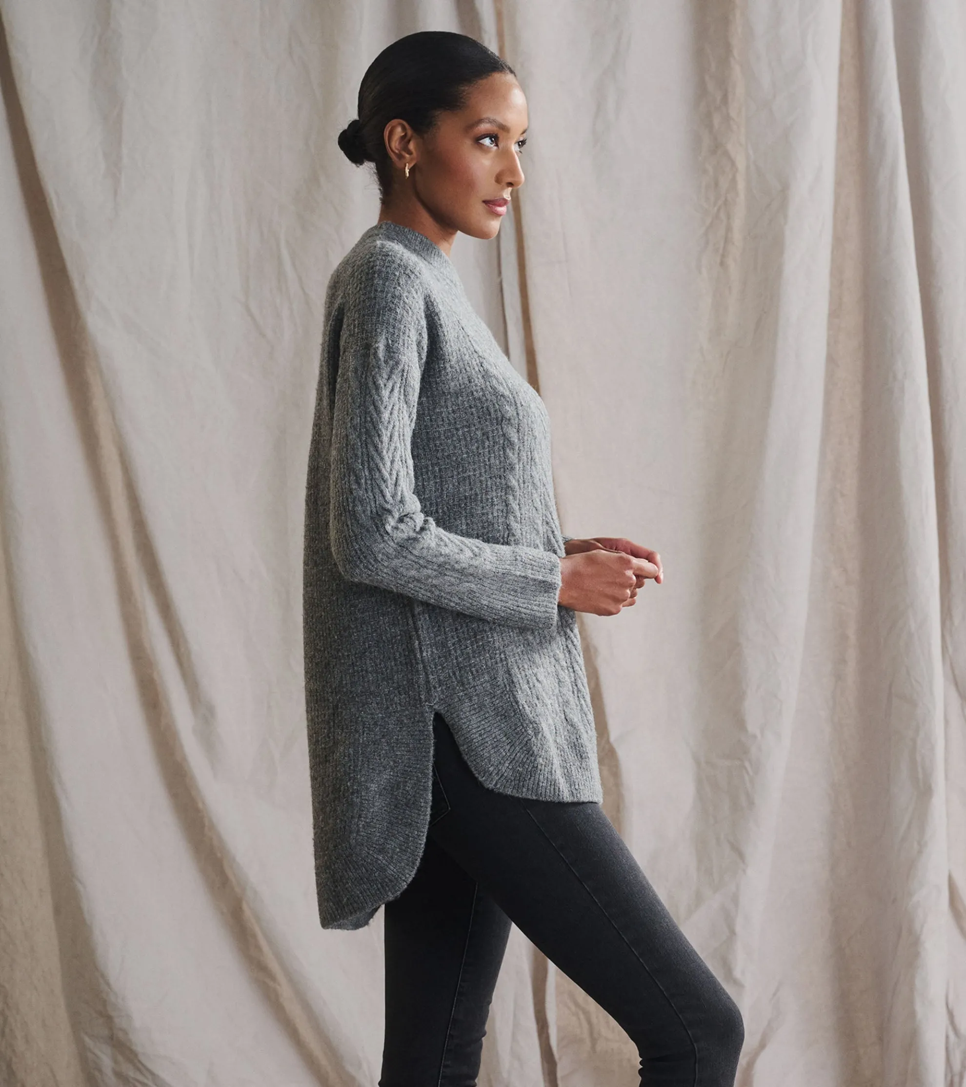Cable Knit Tunic - Charcoal Heather Women Sweaters|Tops