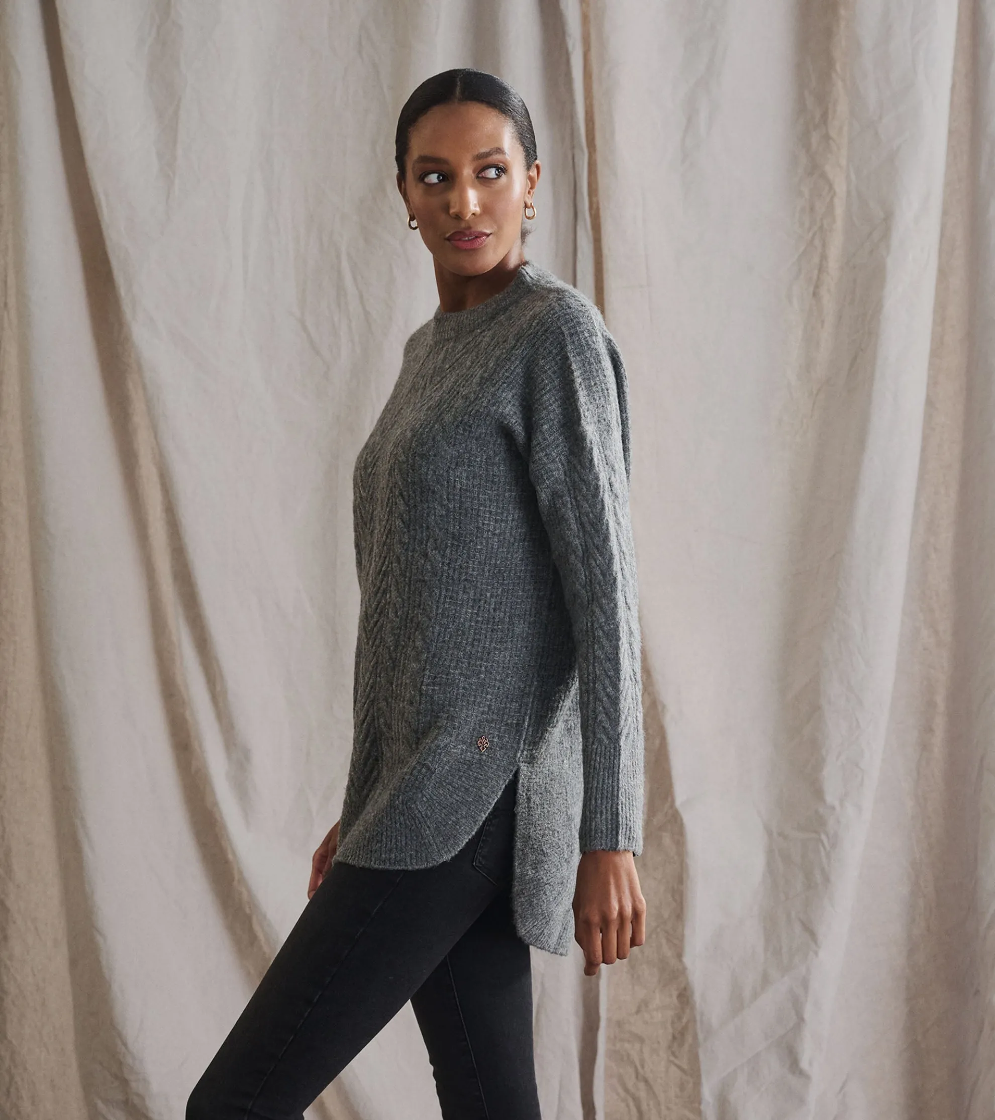 Cable Knit Tunic - Charcoal Heather Women Sweaters|Tops