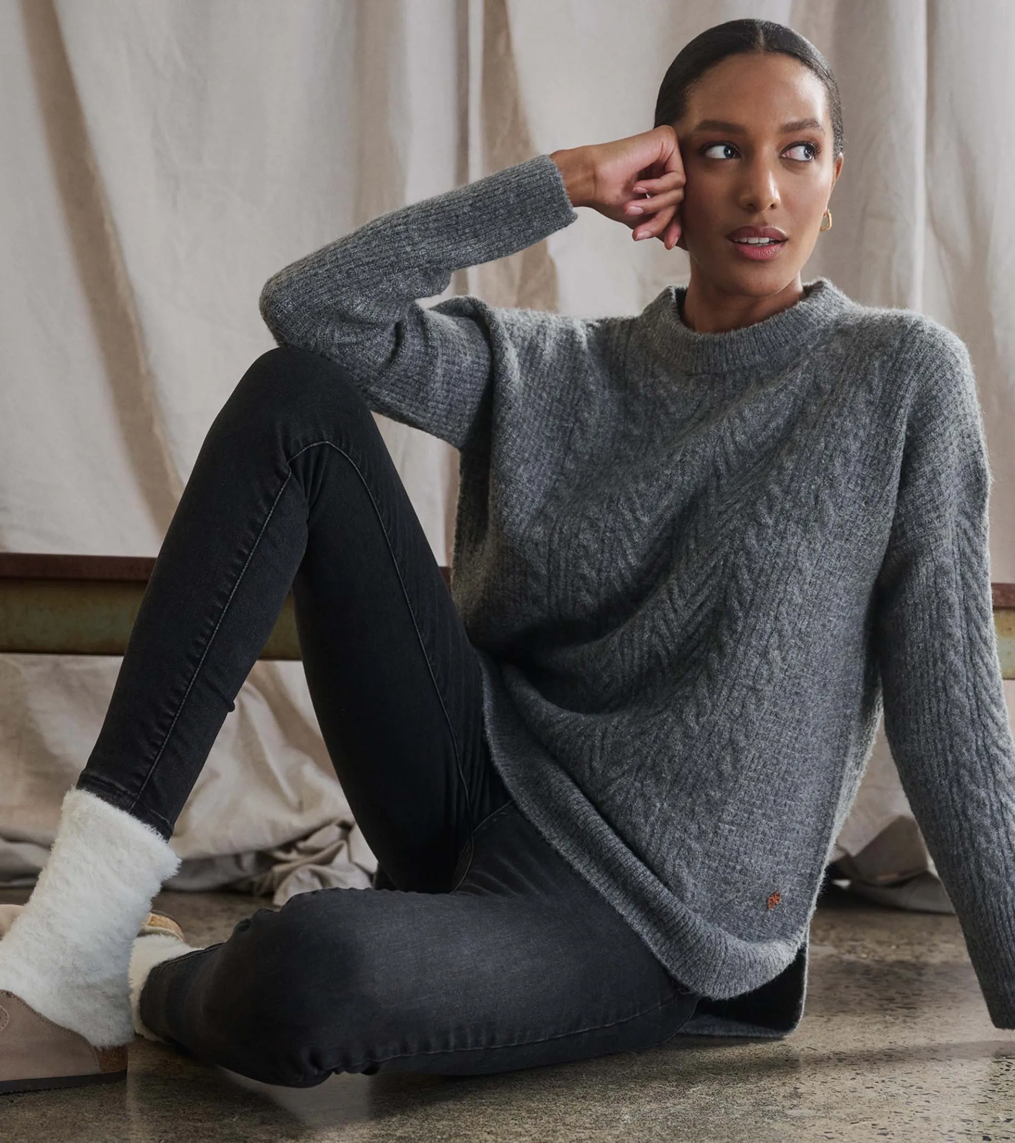 Cable Knit Tunic - Charcoal Heather Women Sweaters|Tops