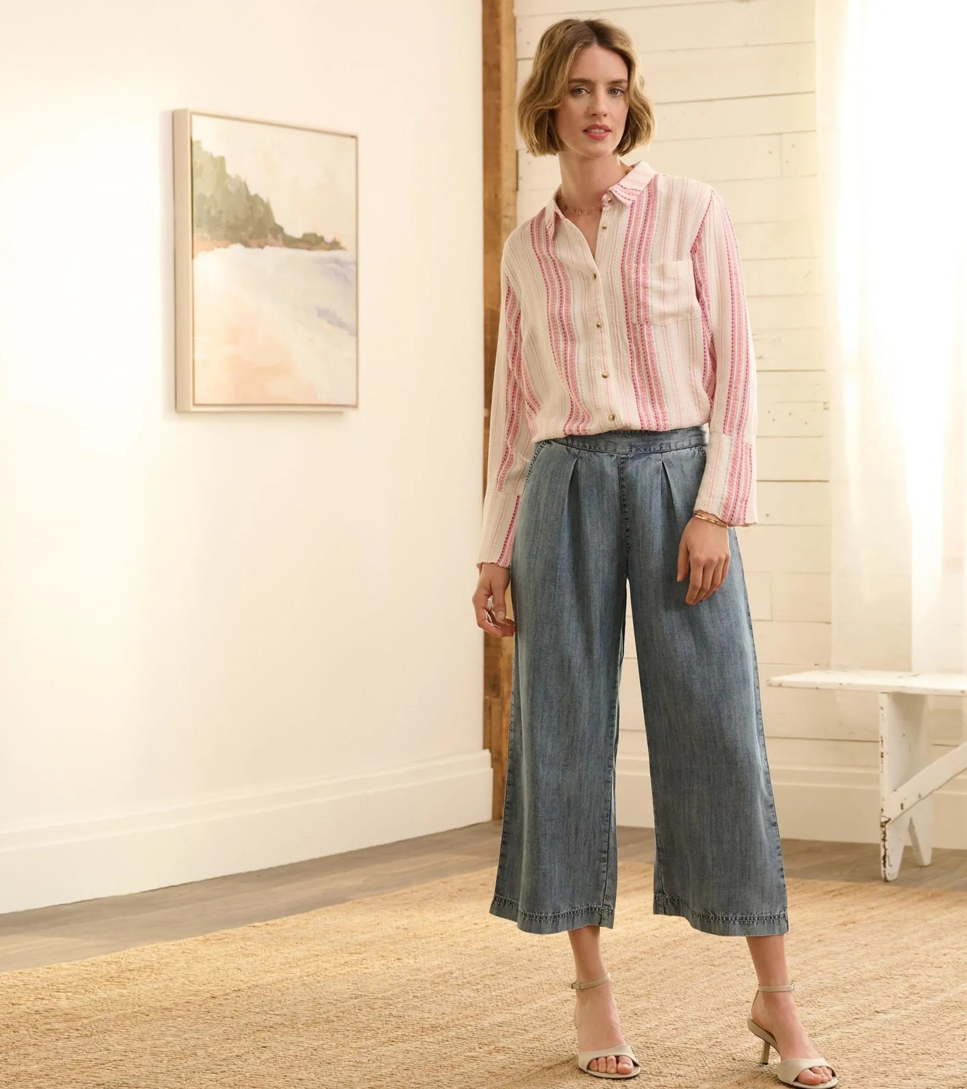 Best Cropped Wide Leg Pants - Blue Acid Rinse Women Bottoms