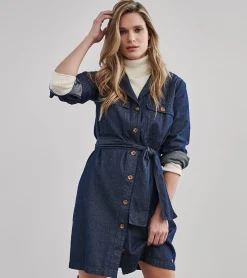 Online Denim Shirt Dress - Dark Wash Women Dresses|Tops