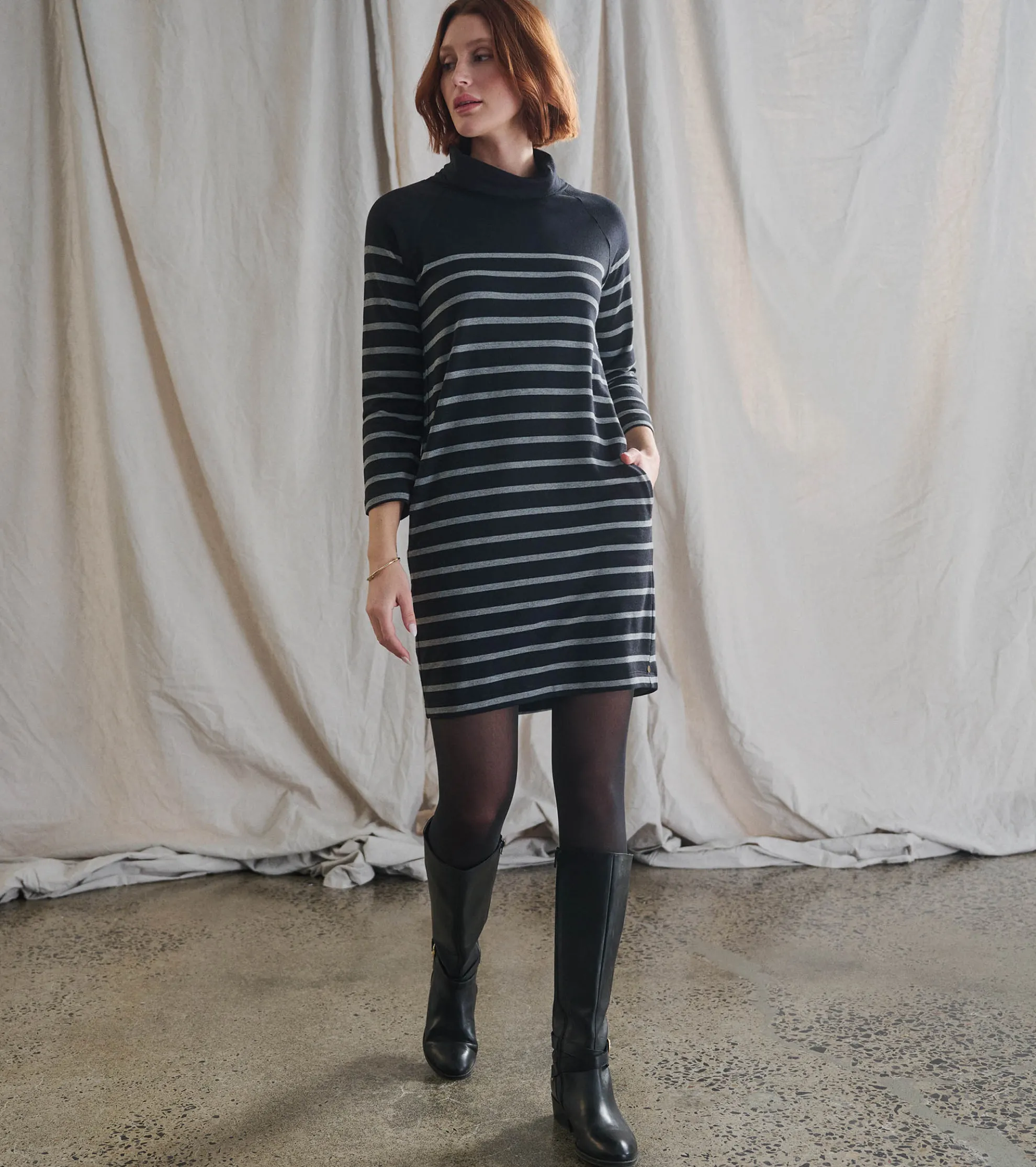 Outlet Draped Collar Dress - Caviar Stripe Women Dresses