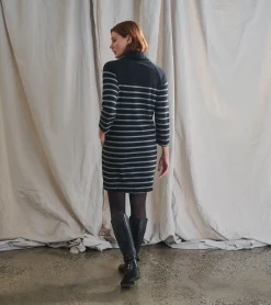 Outlet Draped Collar Dress - Caviar Stripe Women Dresses