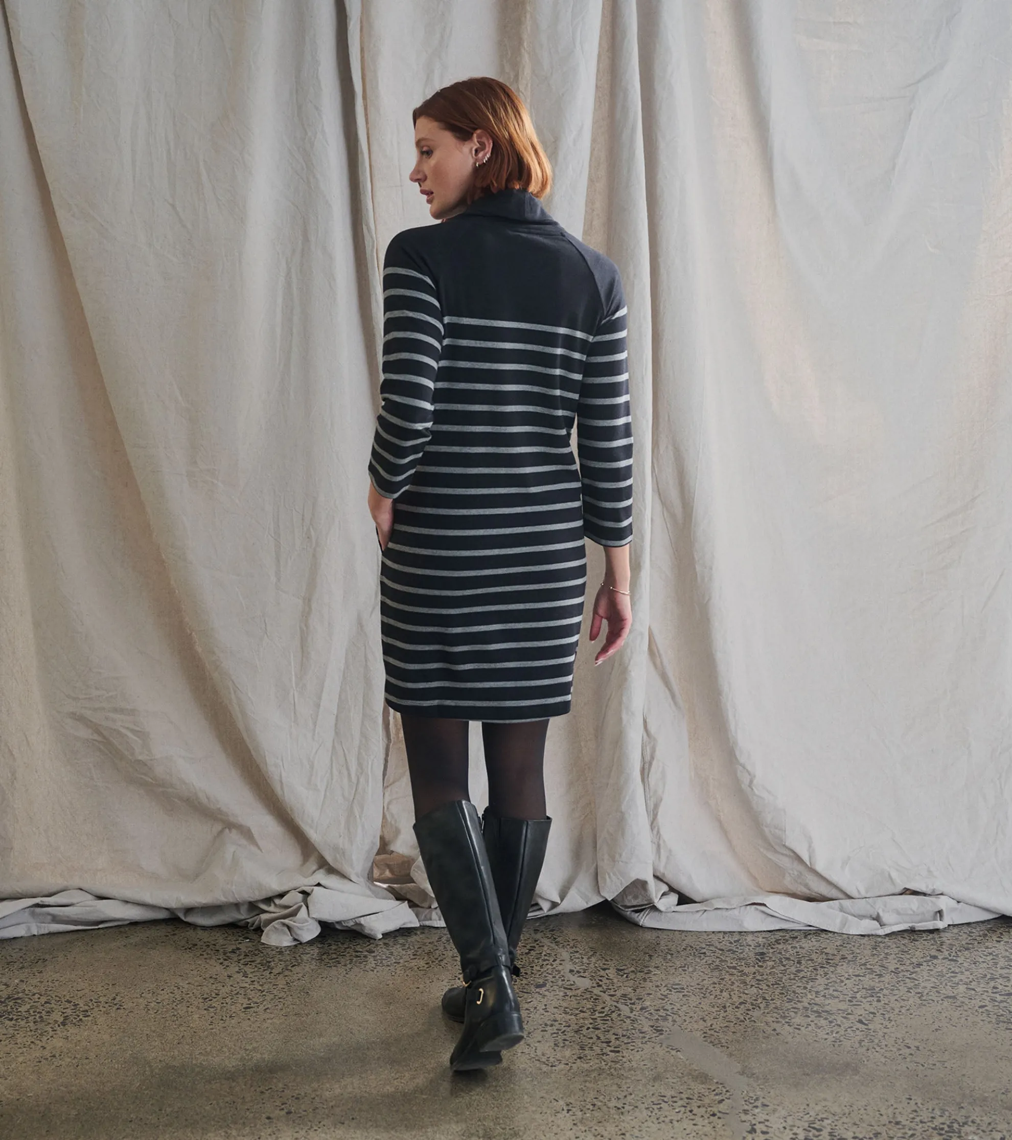 Outlet Draped Collar Dress - Caviar Stripe Women Dresses