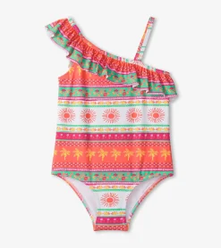 Hot Girls Ornate Tropicals Ruffle Trim Swimsuit Swimwear|Swimwear