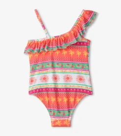 Hot Girls Ornate Tropicals Ruffle Trim Swimsuit Swimwear|Swimwear