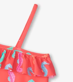 Online Girls Painted Sea Horses Ruffle Trim Swimsuit Swimwear|Swimwear