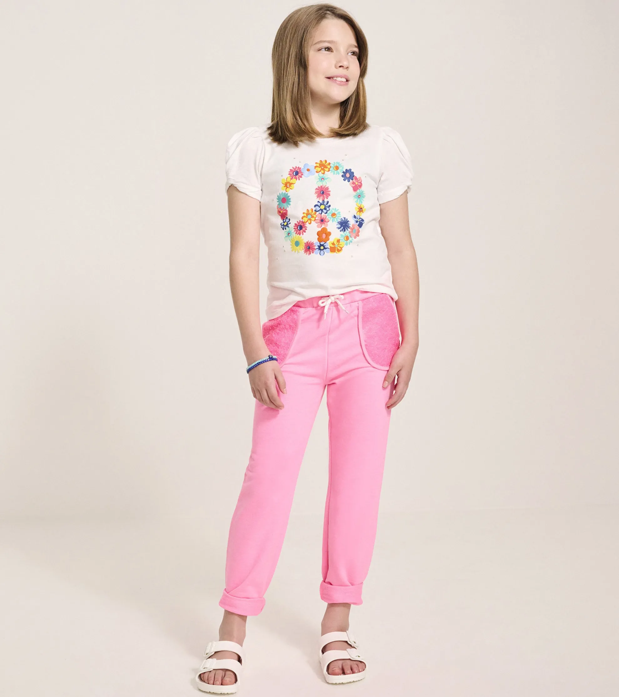 Sale Girls Peace Flower Twisted Sleeve Tee Tops