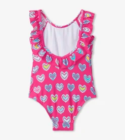Hot Girls Pink Shibori Hearts Ruffle Sleeve Swimsuit Swimwear|Swimwear