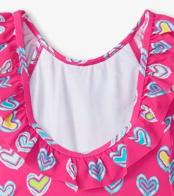 Hot Girls Pink Shibori Hearts Ruffle Sleeve Swimsuit Swimwear|Swimwear