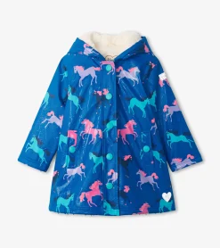 Girls Prancing Horses Colour Changing Sherpa Lined Button-Up Rain Jack Rainwear|Rainwear