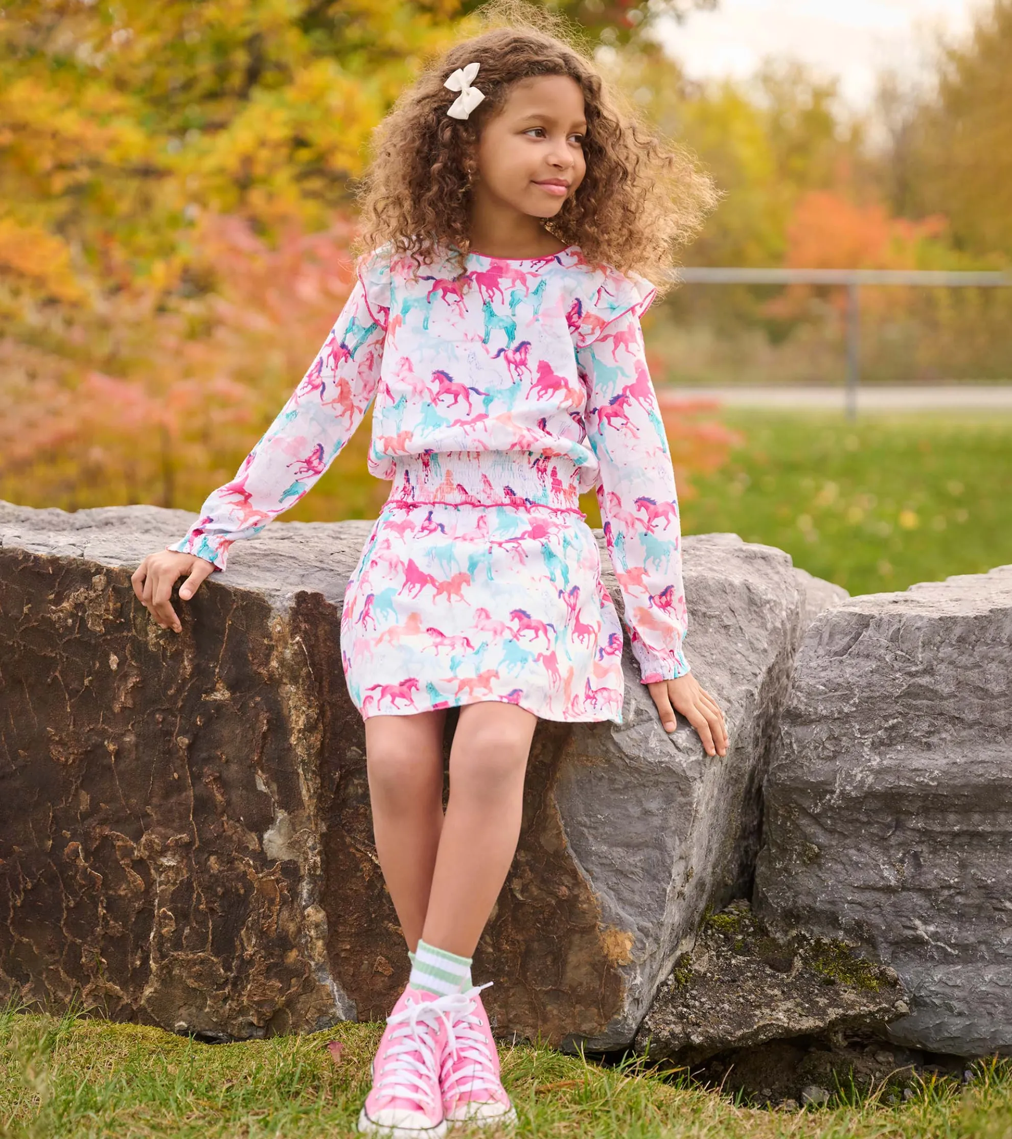 Outlet Girls Pretty Horses Smocked Waist Dress Dresses