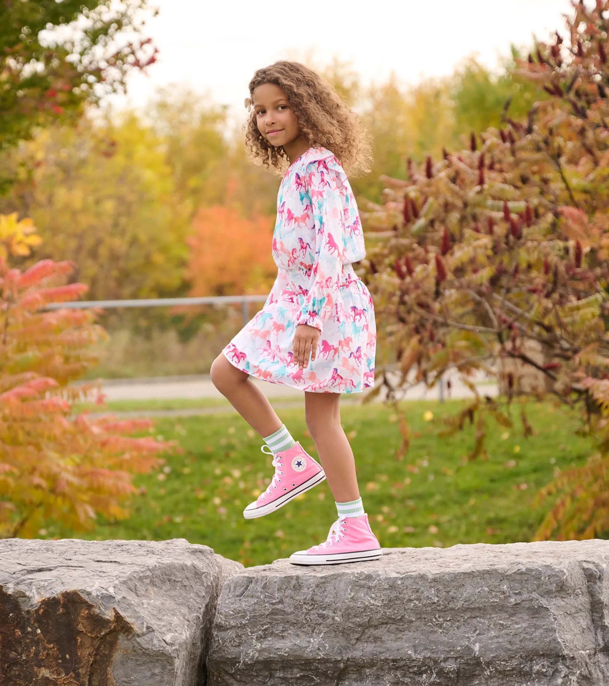 Outlet Girls Pretty Horses Smocked Waist Dress Dresses