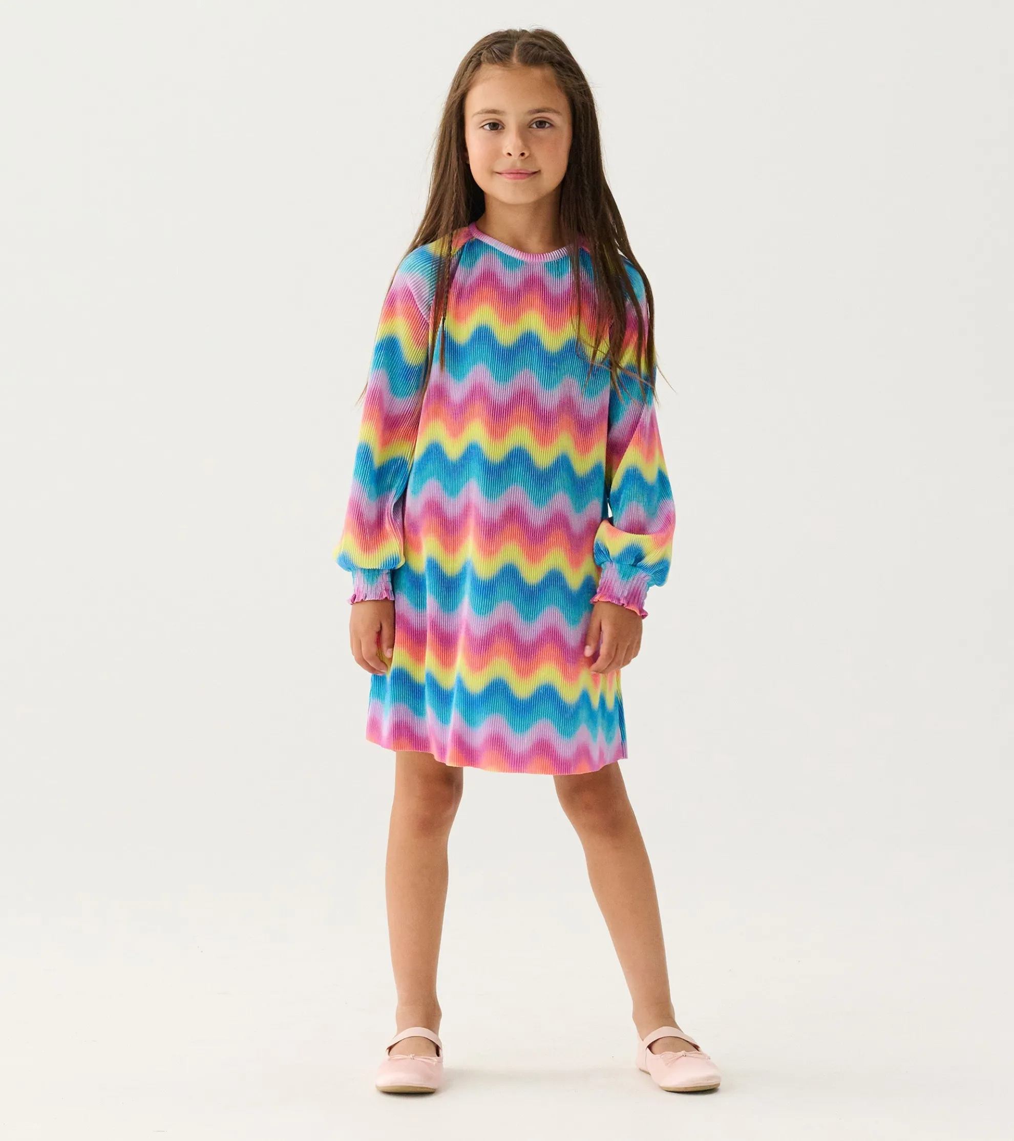 Discount Girls Rainbow Wave Pleated A-Line Dress Dresses