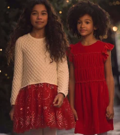 New Girls Red Velvet Smocked Panel Dress Dresses