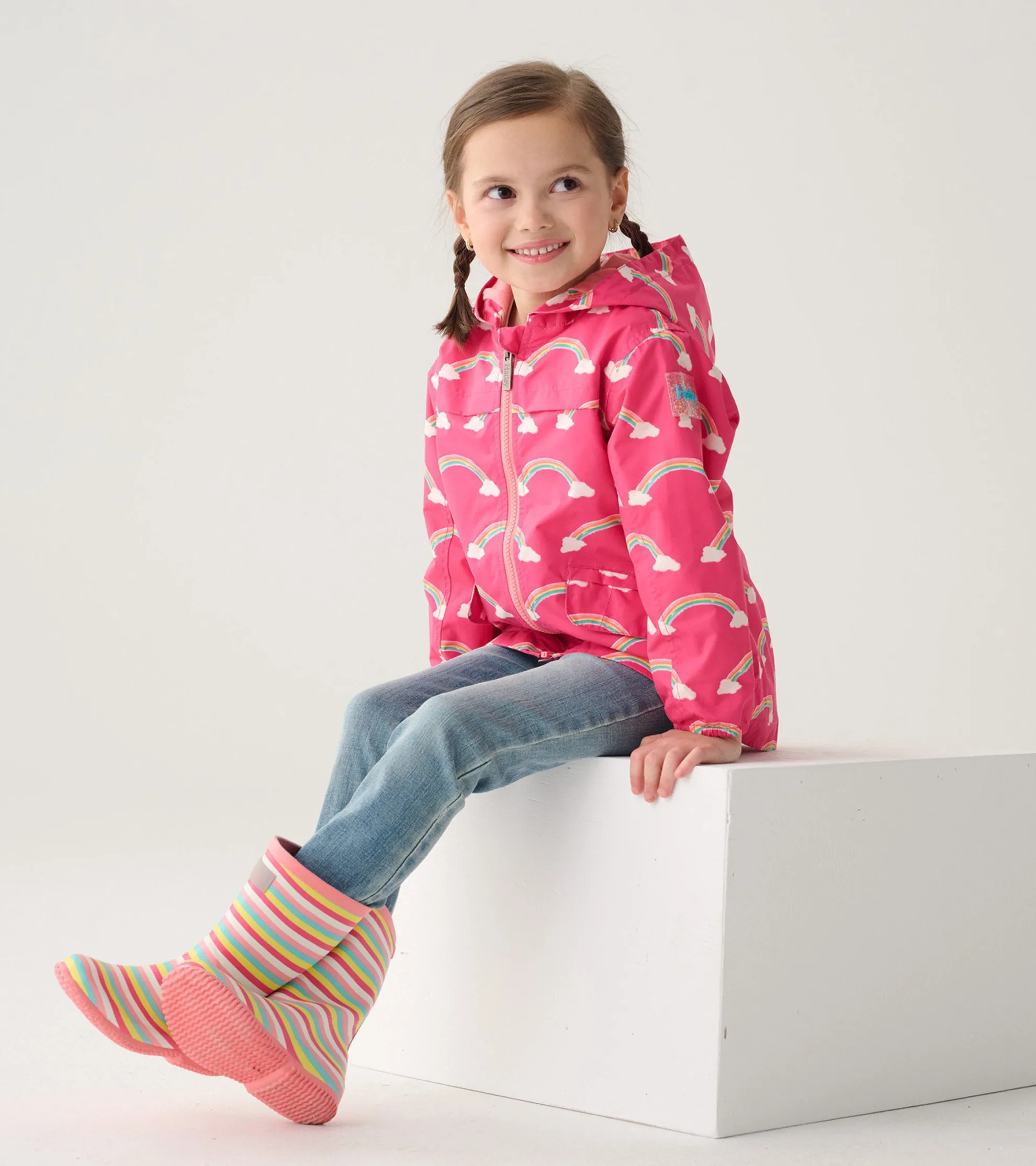 Discount Girls Summer Rainbow Zip-Up Lightweight Rain Jacket Rainwear|Rainwear