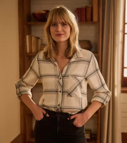 Outlet Lila Button Down - Cream Plaid Women Tops