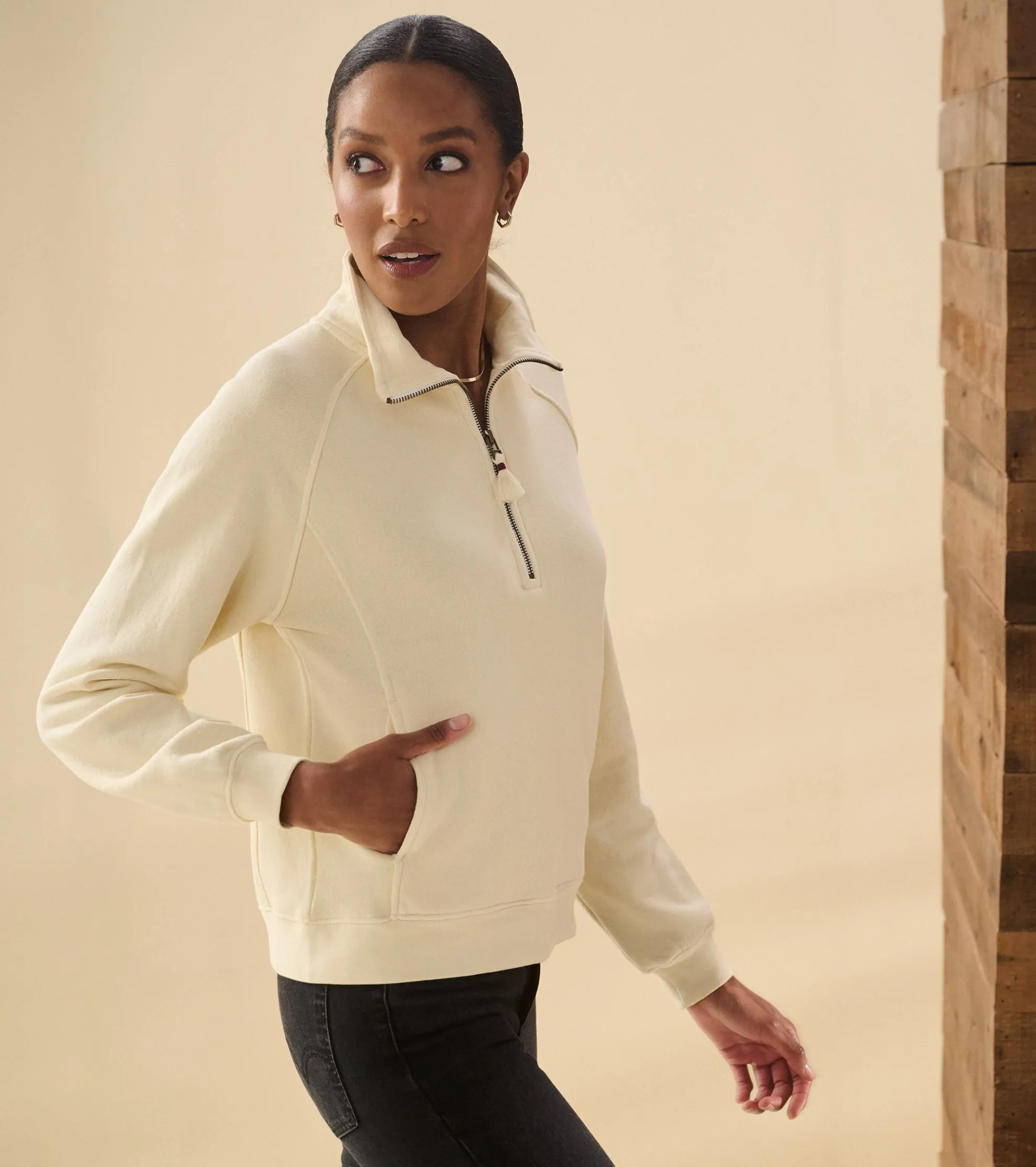 Outlet Mock Neck Pullover - Almond Beige Women Sweaters