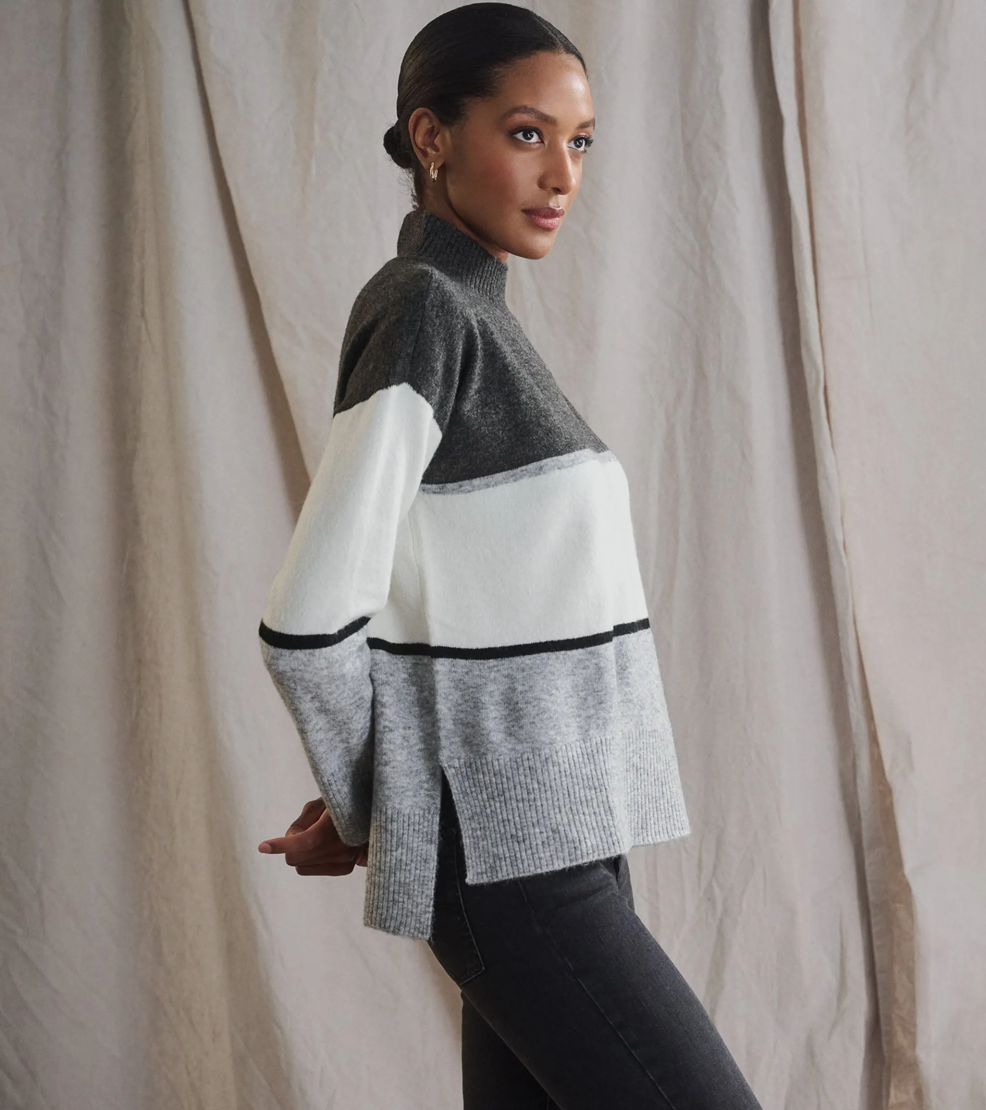Hot Mock Neck Tunic - Grey Block Women Sweaters|Tops