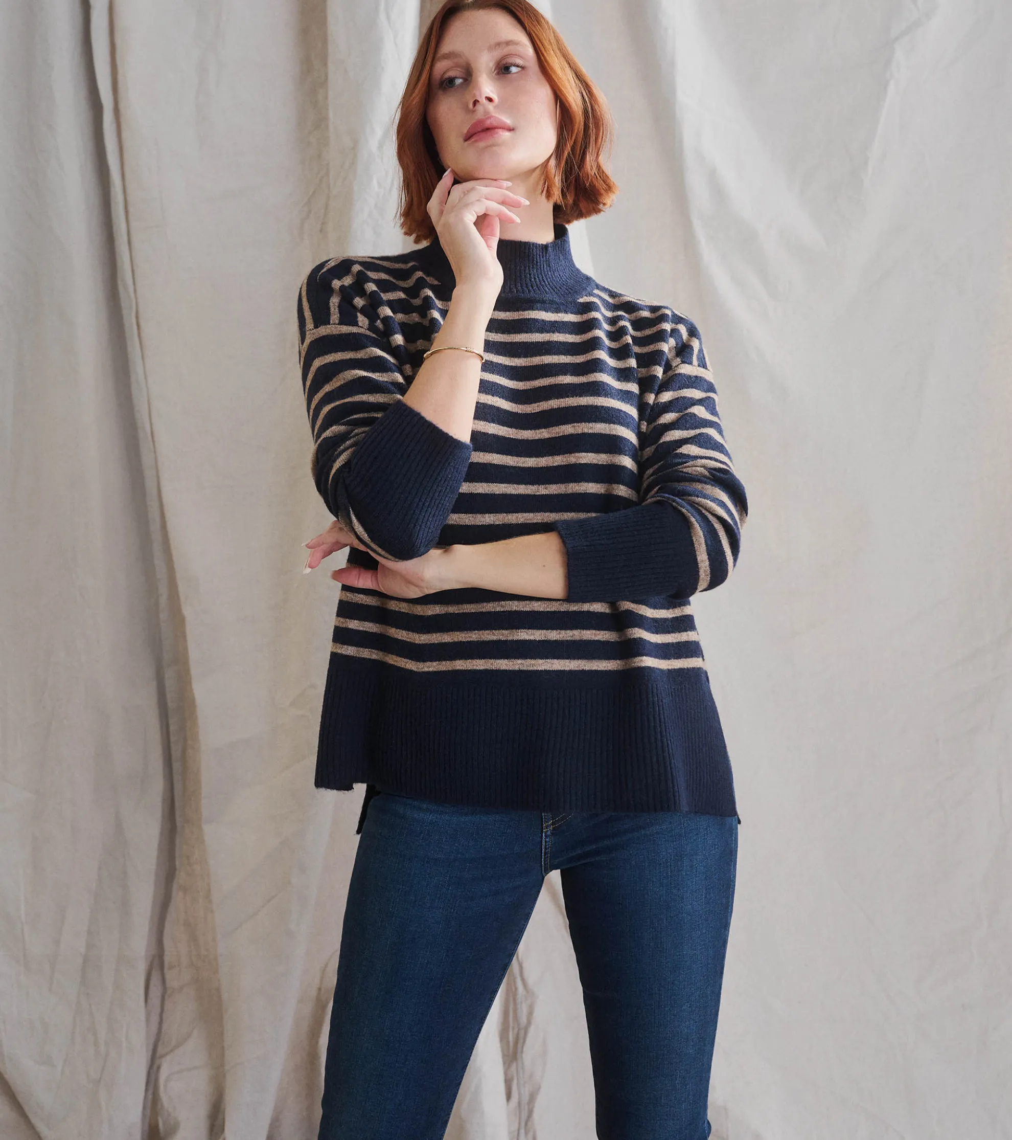 Discount Mock Neck Tunic - Navy Taupe Stripes Women Sweaters|Tops