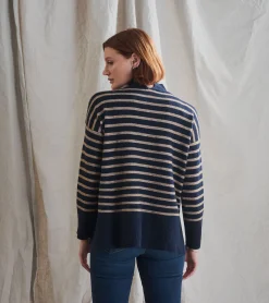 Discount Mock Neck Tunic - Navy Taupe Stripes Women Sweaters|Tops