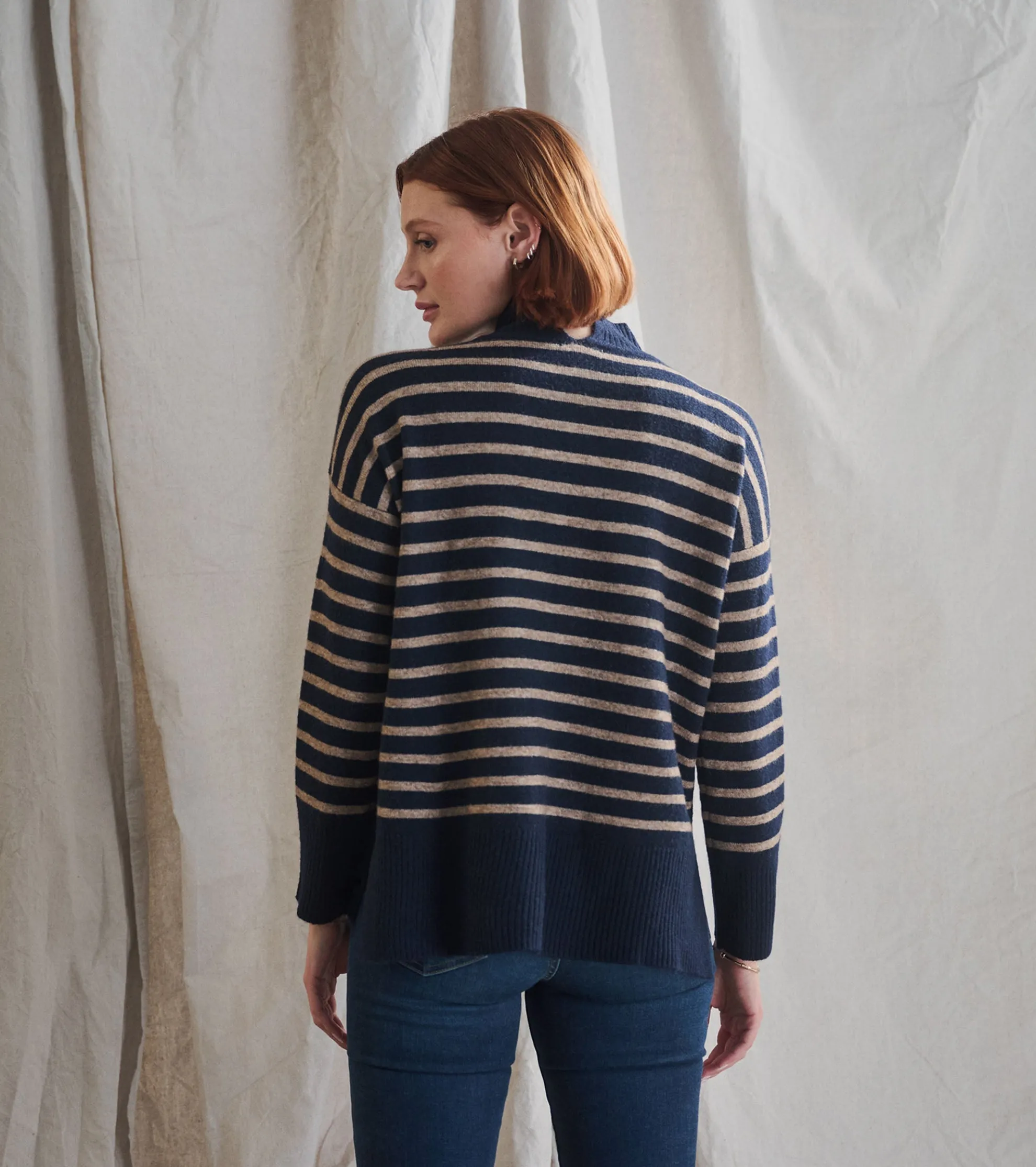 Discount Mock Neck Tunic - Navy Taupe Stripes Women Sweaters|Tops