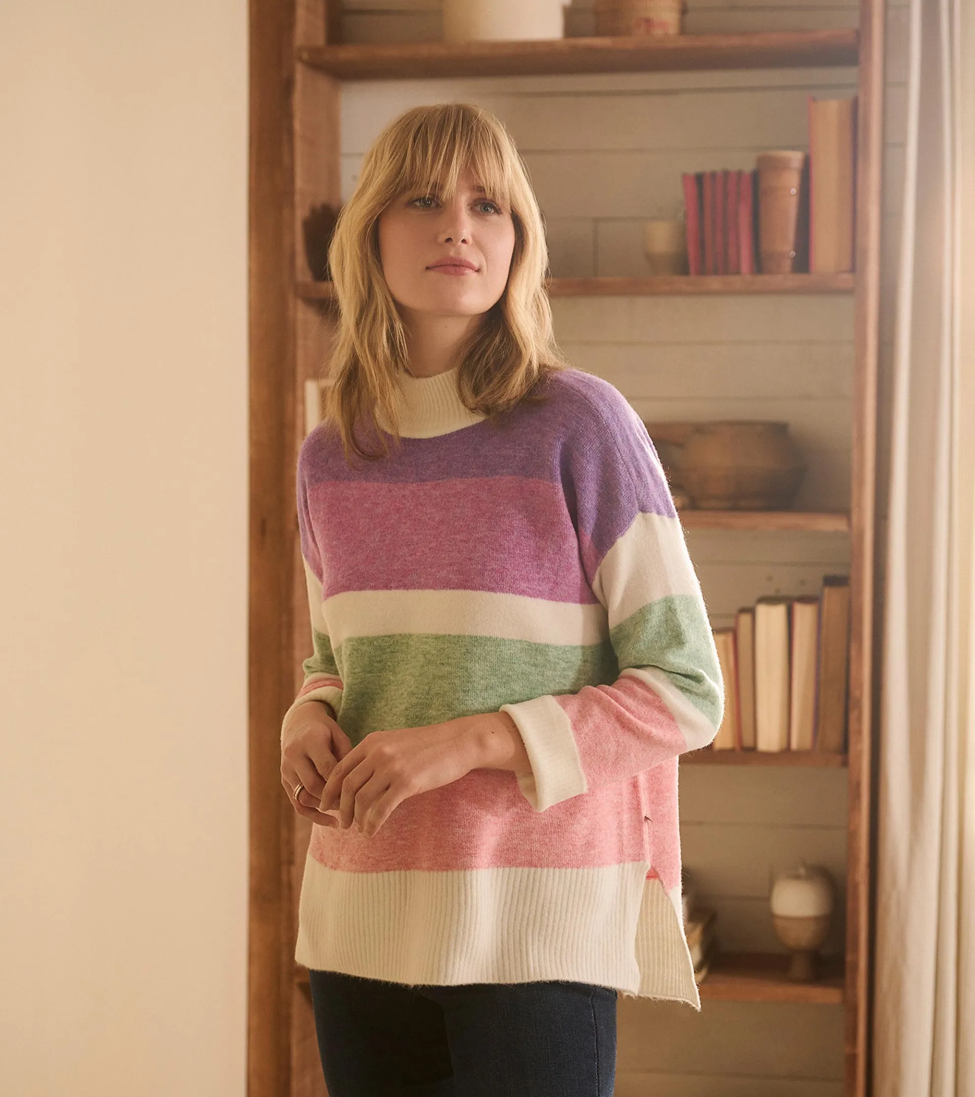 Hot Mock Neck Tunic - Sunrise Colour Block Women Sweaters|Tops