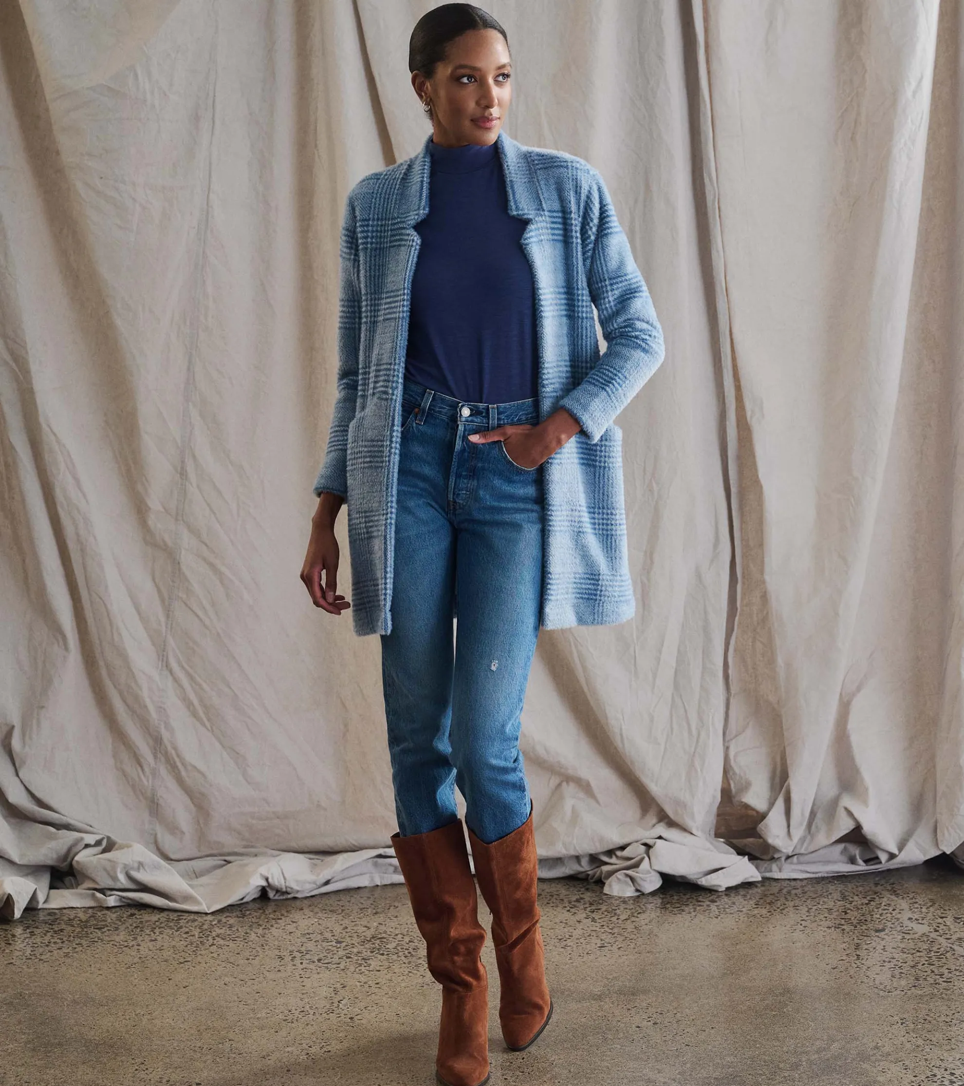 Online Open Front Jacket - Blue Check Women Tops|Outerwear