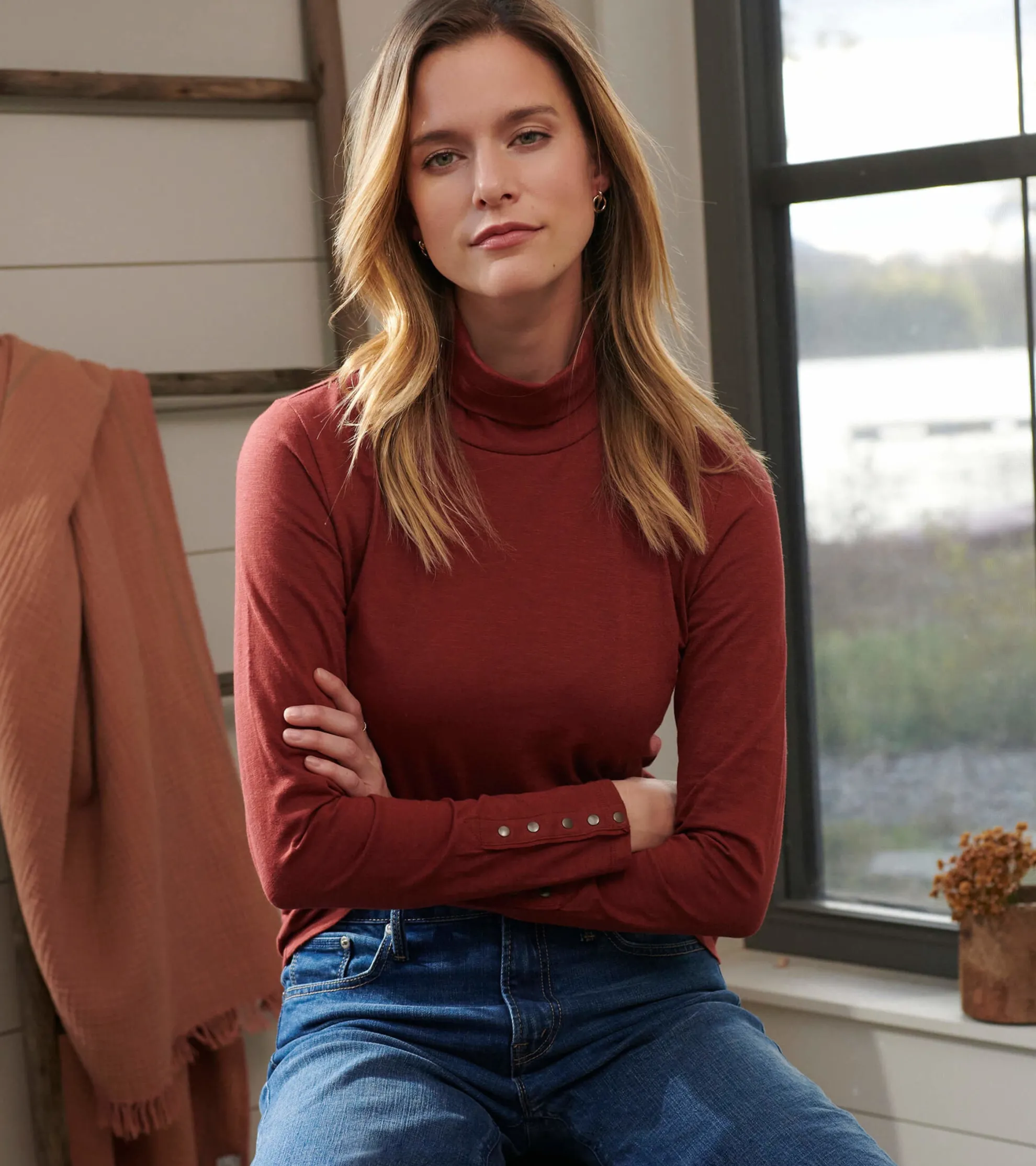 Best Snap Sleeve Turtleneck - Madder Brown Women Tops
